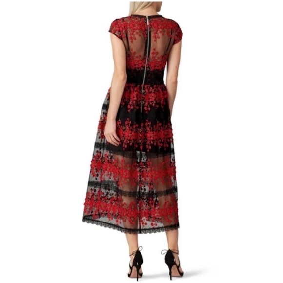 Bronx And Banco Gloria Midi Black Mesh in Red Floral Embroidery Dress - Picture 5 of 6